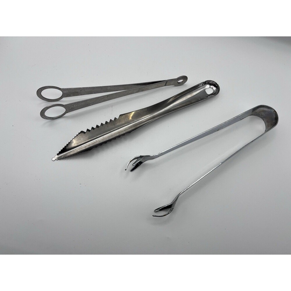 Vtg Stainless Steel Bar Tongs Lot of 3 Serrated Ice Sugar Cube Claw Serving Set
